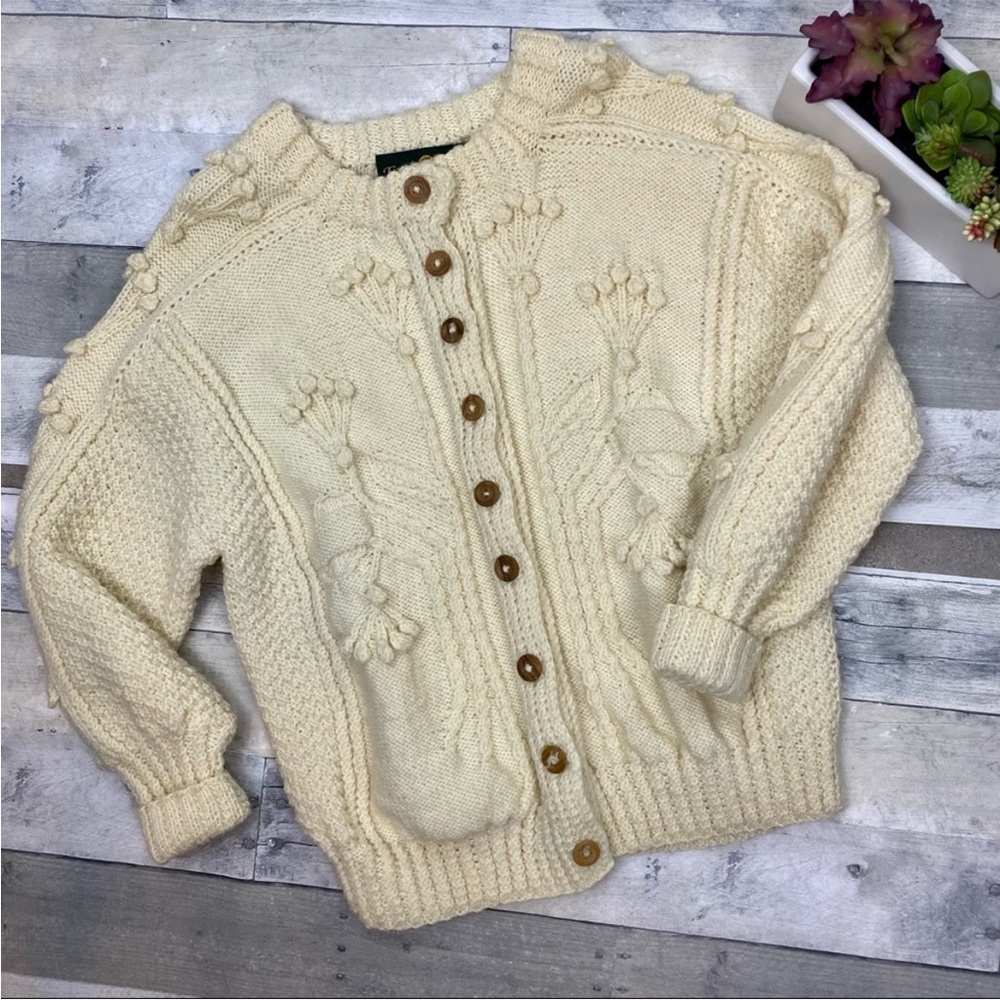 Tivoli Cream Wool Hand-knit Button-Up Irish Fisherman’s Cardigan